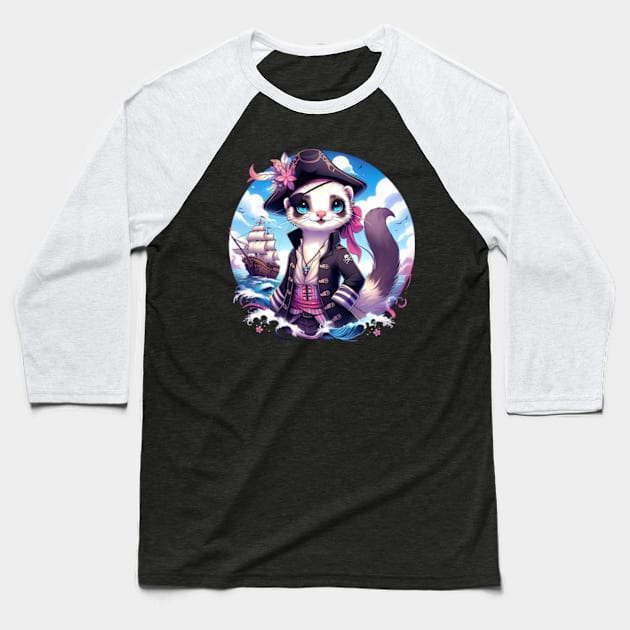 Ferret the Pirate King Baseball T-Shirt by Malus Cattus